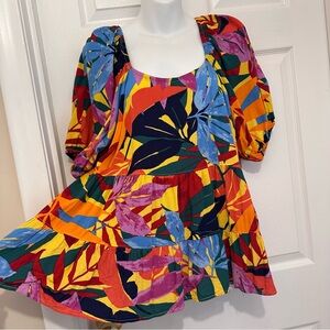 Terra & Sky Women Size 0X (14W) Tropical Babydoll Top Puff Sleeve Square Neck